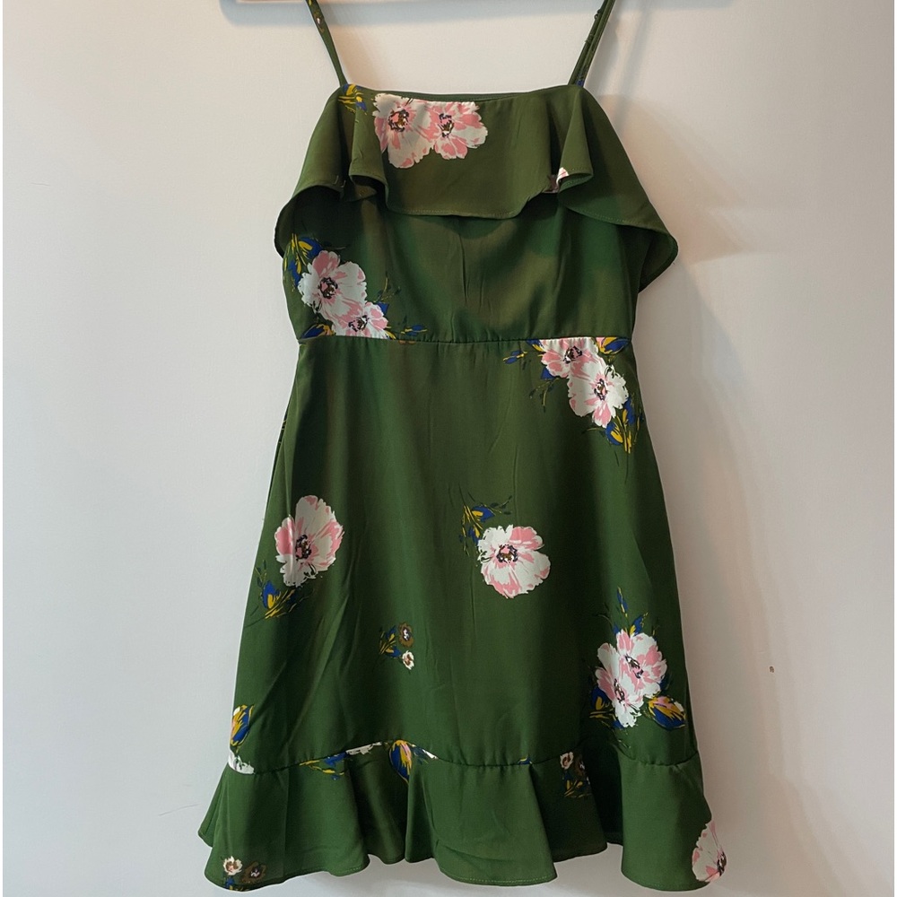 Green Floral Ruffle Mini Dress